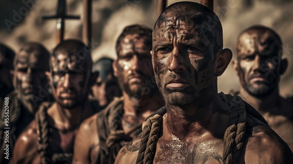 Fototapeta Group of dirty and sweaty Caucasian men - slaves, criminals, and convicts bound with ropes under the sun of a desert. Historical scene of ancient slavery