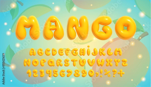 Fototapeta yellow 3d vector font. Summer inflatable bubble stylish English alphabet in mango color