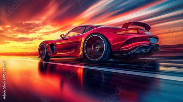 Fototapeta Red sports car driving fast on a highway at sunset