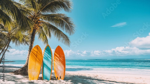 Fototapeta Three surfboards leaning on palm tree on tropical beach with turquoise water