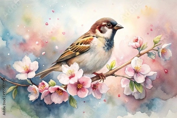 Fototapeta Delicate watercolor illustration of a tiny sparrow perched on a blooming cherry blossom branch, surrounded by soft,