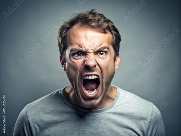 Fototapeta Frustrated And Enraged Man Yells At Someone Or Something, Expressing His Anger And Dissatisfaction.
