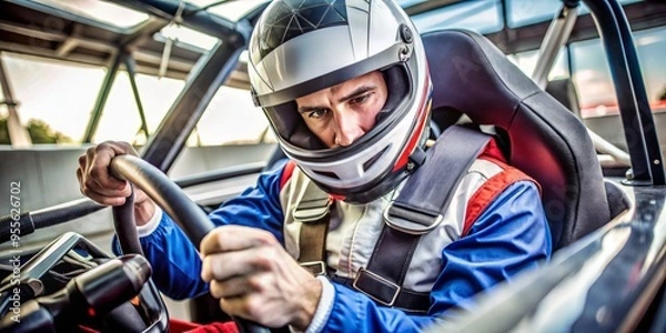Fototapeta Male Race Car Driver Wearing Protective Gear Sits In A Race Car Adjusting The Seatbelt Inside The Cockpit