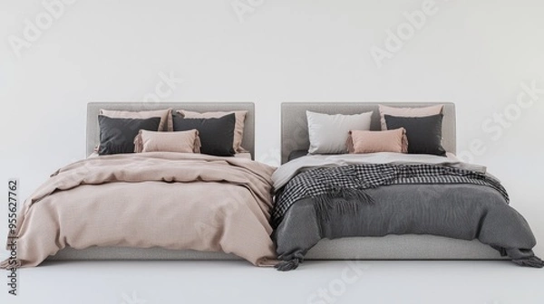 Fototapeta Grey Bed Sheets. Set of Four Beds with Various Bedspreads and Pillows. 3D Render