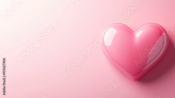 Fototapeta A glossy pink heart with a soft shadow on a light pink background, creating a minimalist and gentle design