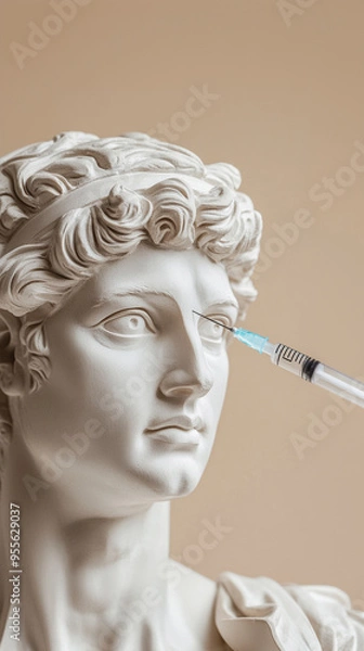 Fototapeta Classical bust statue with syringe.  Botox injection in forehead. Between eyebrows. Beauty and skin care concept. Wellness retreat, spa ads, beauty promotion, relax service, skincare routine, spa.