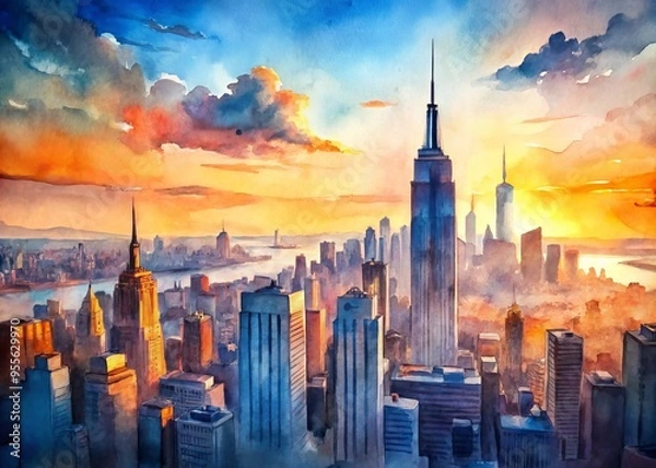 Fototapeta Soft, dreamy watercolor depiction of the iconic New York City skyline at sunset, with vibrant oranges and blues