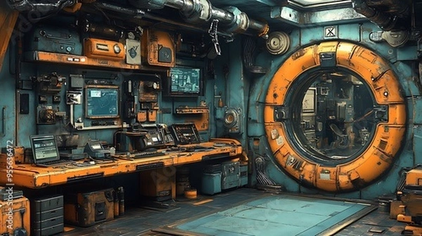 Obraz Futuristic Spaceship Interior with a Circular Window and Control Panel.