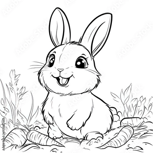 Fototapeta Cute cartoon rabbit sitting among carrots in a garden, drawn in a black and white outline style, perfect for coloring activities.