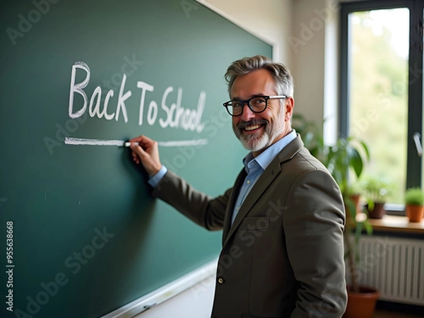 Fototapeta Middle-aged teacher in glasses pointing at green school chalkboard that says "Back To School".