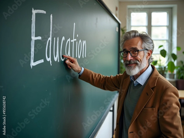 Fototapeta Middle-aged teacher in glasses pointing at green school chalkboard that says "Education".