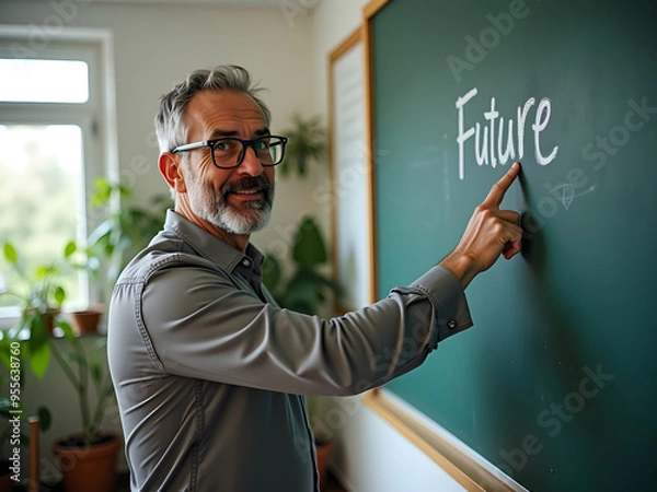Fototapeta Middle-aged teacher in glasses pointing at green school chalkboard that says "Future".