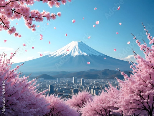 Fototapeta Fuji mountain with sakura cherry petals flying 