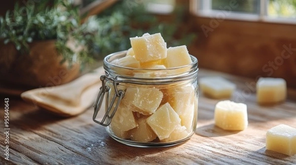 Obraz beef tallow culinary uses, chunks of beef tallow in a glass jar enhance the flavor and texture in traditional cooking and baking recipes, a staple in many kitchens