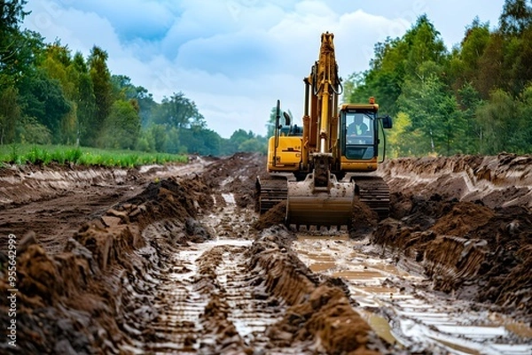 Fototapeta Excavator Working on a Muddy Construction Site Surrounded by Lush Greenery