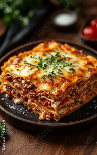 Fototapeta A large lasagna with meat and cheese on a black plate. The dish is topped with parsley and cheese
