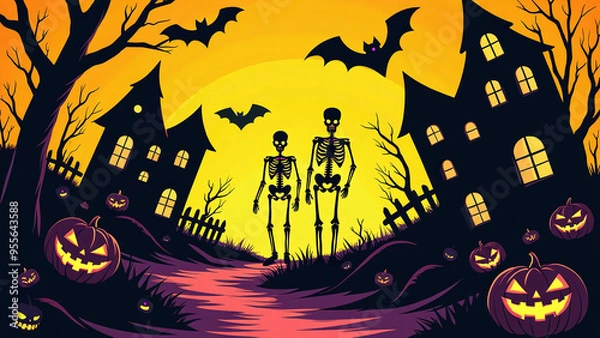 Fototapeta Spooky Halloween Scene with Skeletons and Jack-o’-Lanterns