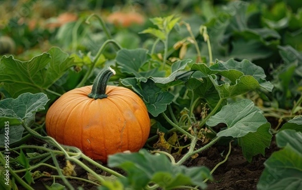 Fototapeta A single ripe pumpkin stands out among lush green vines in a vibrant pumpkin patch during autumn harvest season