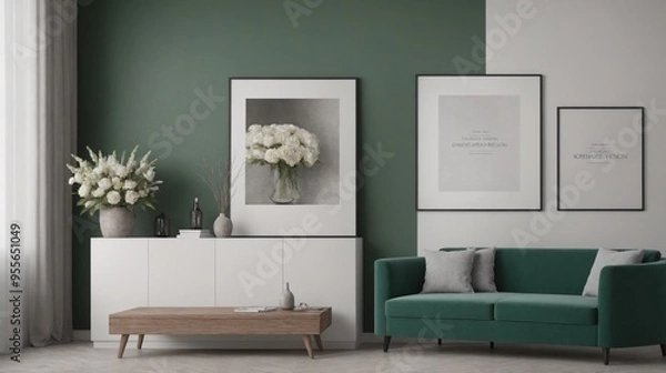 Fototapeta A modern living room with green sofa set, decorative items and other furniture set 3d illustration. An empty wall art frame mock-up template on the wall.