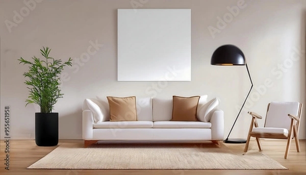 Obraz modern lining room with white and beige color with white sofa and chair, black standing light, wooden floor and blank canvas, ai generated