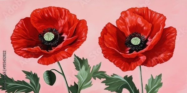 Fototapeta two red poppies with green leaves on a pink background. Vibrant Red Poppies in Full Bloom