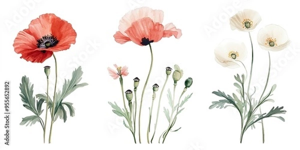 Fototapeta watercolor wildflowers, poppy flowers with leaves and stem isolated on white background, neutral beige black grey color palette, three different poses 