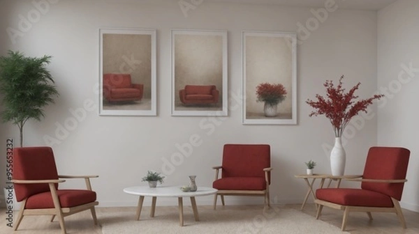 Fototapeta A modern living room with pink chairs set, decorative items and other furniture set 3d illustration. An empty wall art frame mock-up template on the wall.