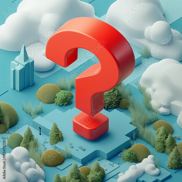 Obraz Abstract red question mark in a surreal landscape with clouds and trees. 
