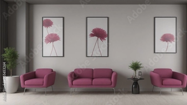 Fototapeta A modern living room with a pink sofa set, decorative items and other furniture set 3d illustration. An empty wall art frame mock-up template on the wall.