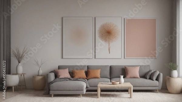 Fototapeta A modern living room with furniture and decorative items 3d illustration. An empty wall art frame mock-up template on the wall.