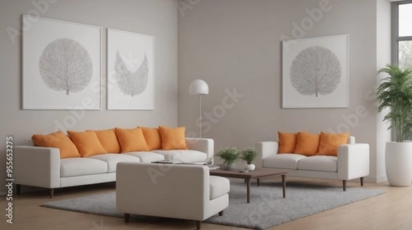 Fototapeta A modern living room with furniture and decorative items 3d illustration. An empty wall art frame mock-up template on the wall.