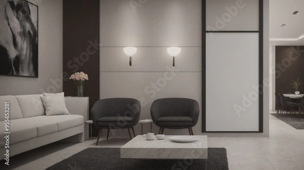 Fototapeta A modern living room with furniture and decorative items 3d illustration. An empty wall art frame mock-up template on the wall.