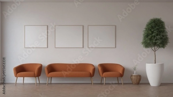 Fototapeta A modern living room with furniture and decorative items 3d illustration. An empty wall art frame mock-up template on the wall.