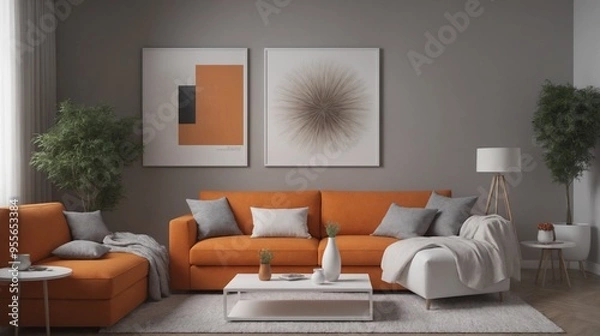 Fototapeta A modern living room with furniture and decorative items 3d illustration. An empty wall art frame mock-up template on the wall.