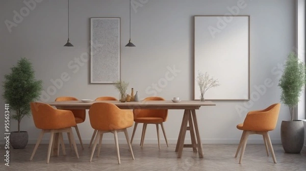 Fototapeta A modern living room with furniture and decorative items 3d illustration. An empty wall art frame mock-up template on the wall.