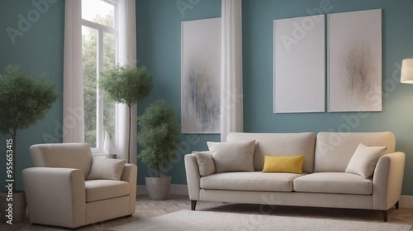 Obraz A modern living room with furniture and decorative items 3d illustration. An empty wall art frame mock-up template on the wall.