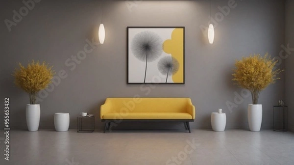 Fototapeta A modern living room with furniture and decorative items 3d illustration. An empty wall art frame mock-up template on the wall.