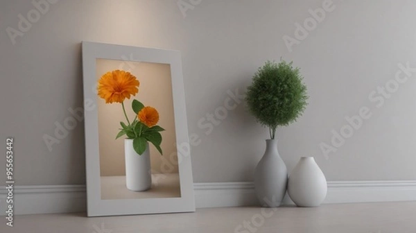 Fototapeta A modern living room with furniture and decorative items 3d illustration. An empty wall art frame mock-up template on the wall.