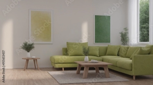 Fototapeta A modern living room with green sofa set, decorative items and other furniture set 3d illustration. An empty wall art frame mock-up template on the wall.