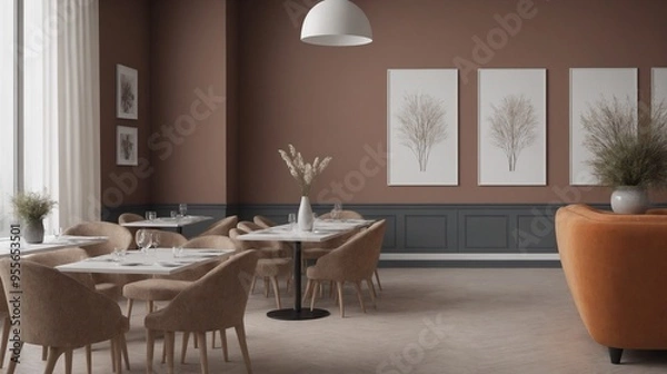 Obraz A modern living room with furniture and decorative items 3d illustration. An empty wall art frame mock-up template on the wall.