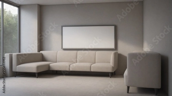 Fototapeta A modern living room with a white sofa set, decorative items and other furniture set 3d illustration. An empty wall art frame mock-up template on the wall.