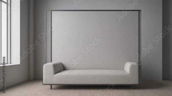 Fototapeta A modern living room with a white sofa set, decorative items and other furniture set 3d illustration. An empty wall art frame mock-up template on the wall.
