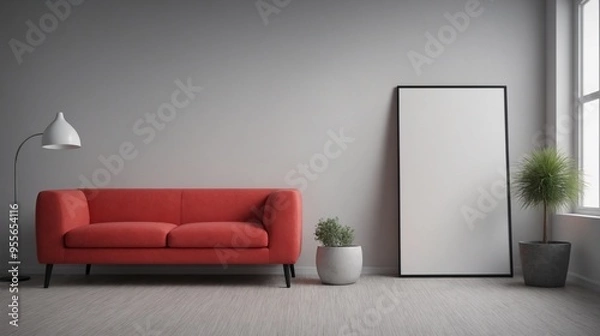 Fototapeta A modern living room with a pink sofa set, decorative items and other furniture set 3d illustration. An empty wall art frame mock-up template on the wall.