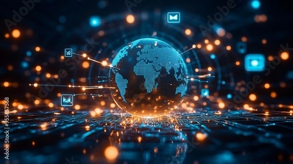 Fototapeta Global Digital Network Connections with Media Icons - Abstract Digital Globe Concept