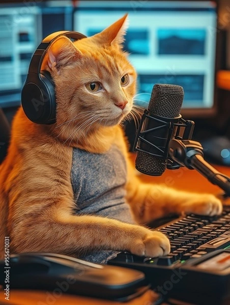 Fototapeta Photo of orange cat wearing headphones, sitting at desk with microphone and keyboard, podcast setup