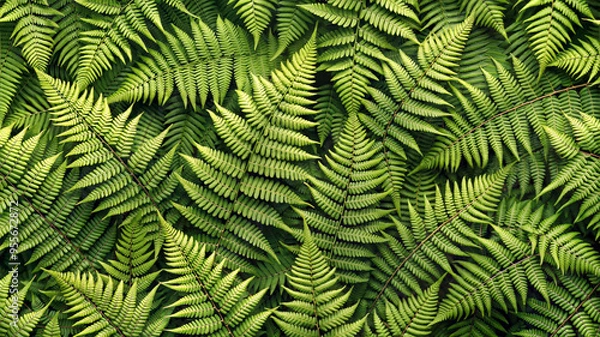 Fototapeta Lush fern leaves background in bright green tones with copy space