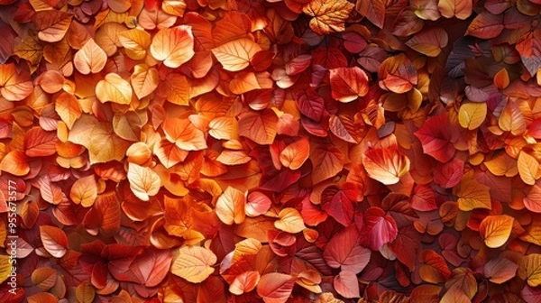 Fototapeta Dense wall of tiny autumn leaves, warm tones, soft lighting, capturing the essence of fall's beauty.