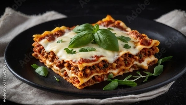 Fototapeta A plate of lasagna with cheese and basil on top