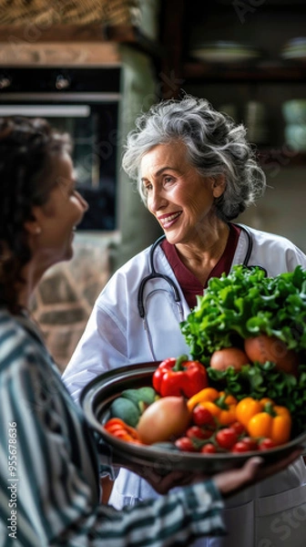 Fototapeta A healthcare professional smiles while presenting a basket full of colorful fruits and vegetables to a patient in consultation