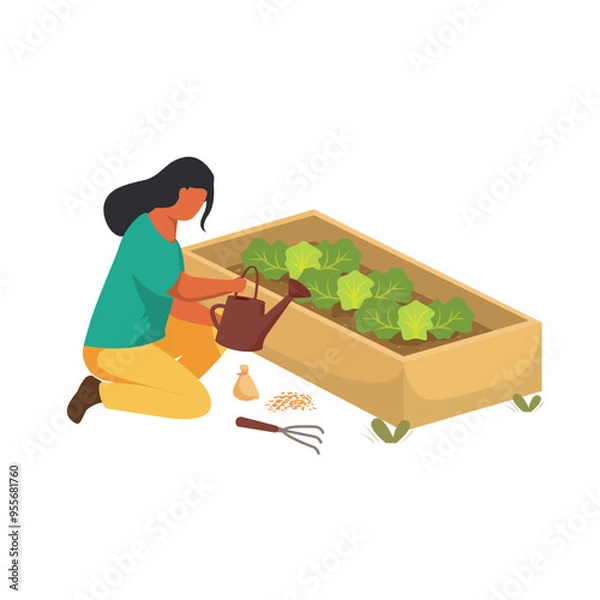 Fototapeta Farm working vector illustration. Farmer, agriculture worker, gardener growing and watering vegetables. Vector illustration isolated on white background.